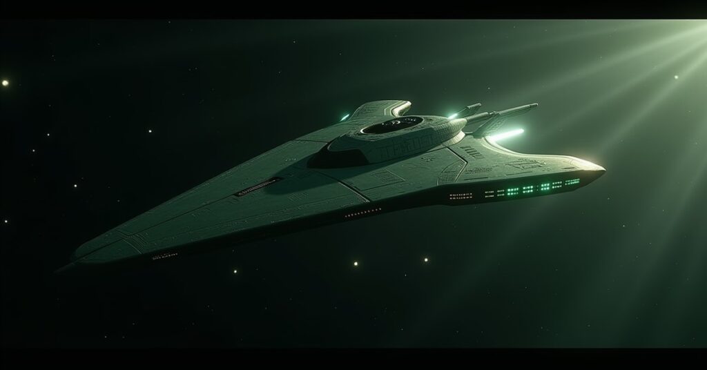 Suliban stealth cruiser warship in dark space with green Transogen energy glowing along its hull.
