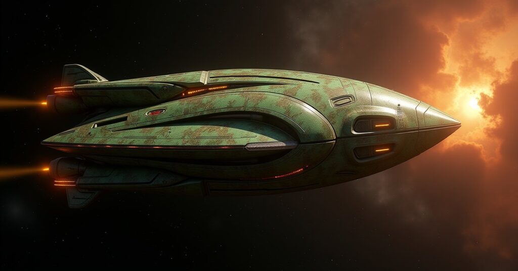 A Suliban Transport battleship from Star Trek Fleet Command, a sleek green and bronze cabal vessel in deep space