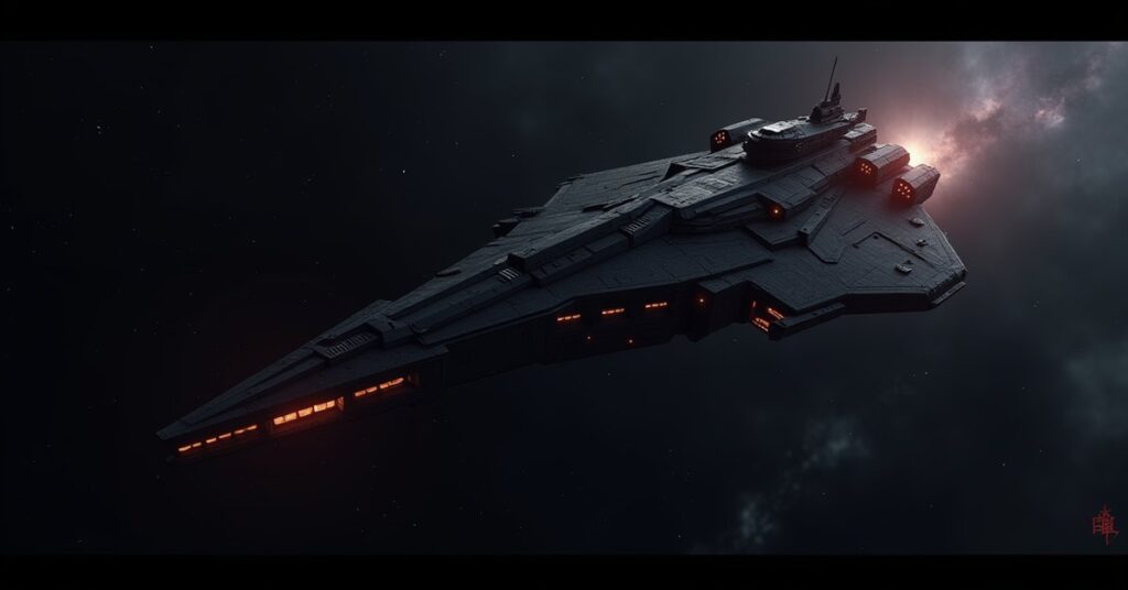 The Surgewalker Devourer, a hulking Neutral battleship hostile adrift in deep, high-warp space with faint isolytic glow.