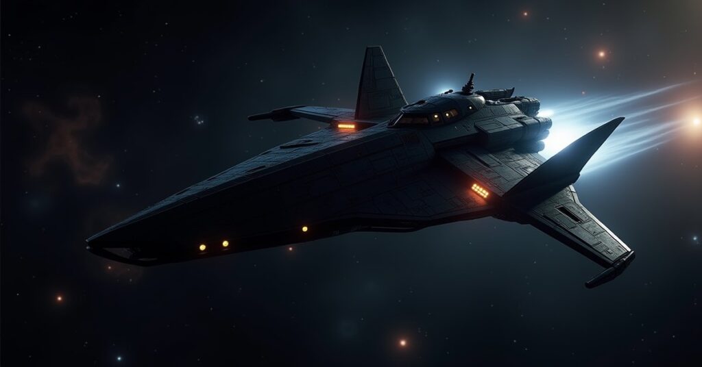The Surgewalker Invader, a sleek Neutral interceptor hostile adrift in deep, high-warp space with a faint isolytic glow.