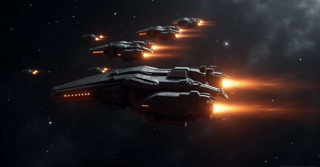 Cluster of small Swarm faction interceptor ships with glowing engines in deep space, Star Trek Fleet Command hostile