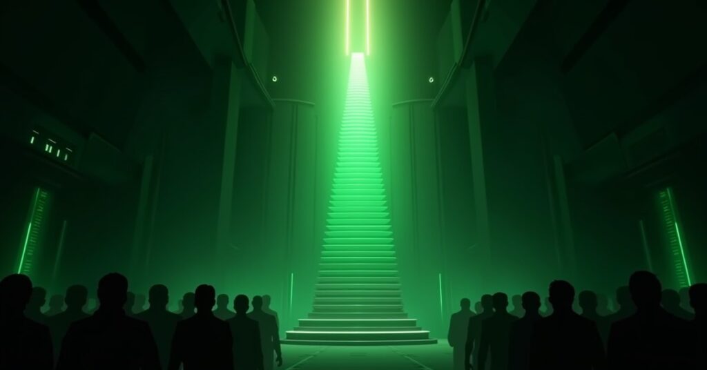 A Syndicate council chamber with a green and gold holographic tier ladder showing ascending loyalty ranks.