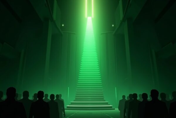 A Syndicate council chamber with a green and gold holographic tier ladder showing ascending loyalty ranks.