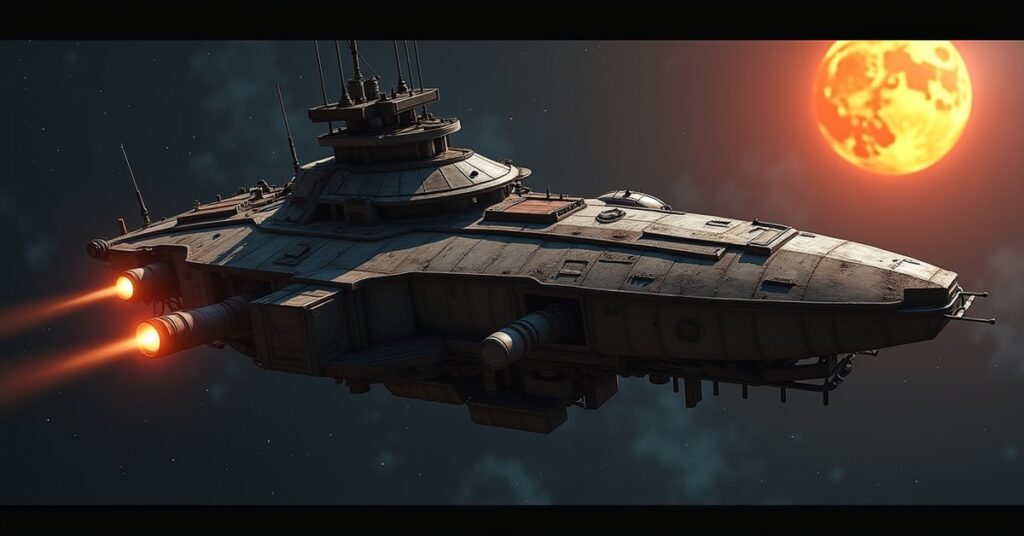 Takret Militia battleship, a neutral raider from Star Trek Fleet Command, drifting in early-game space