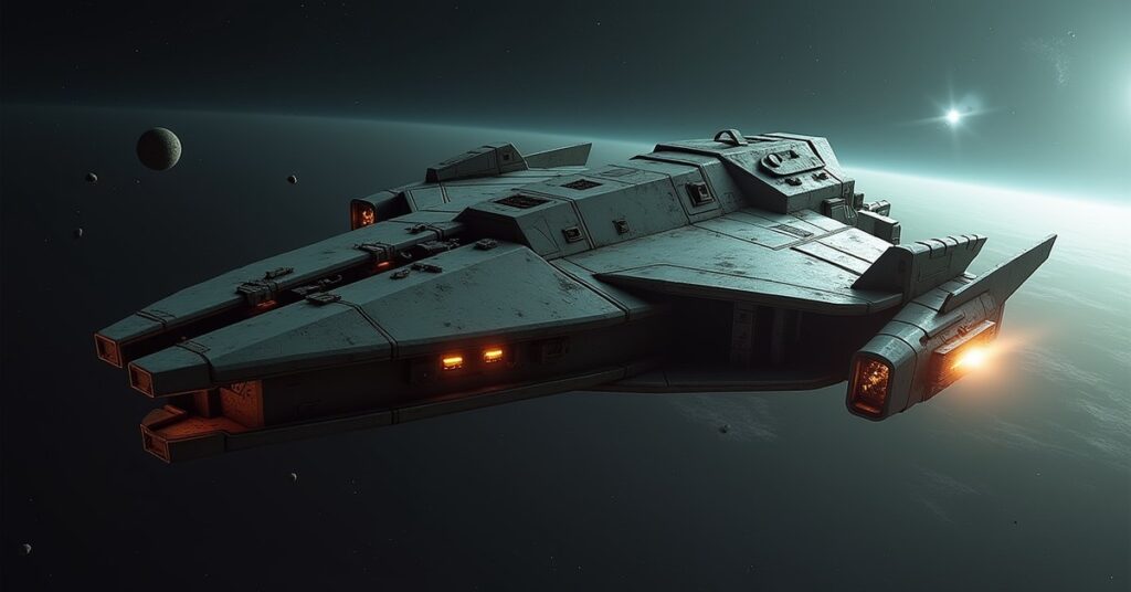 Takret Raider Interceptor, a Neutral raider ship from Star Trek Fleet Command, in deep space key art