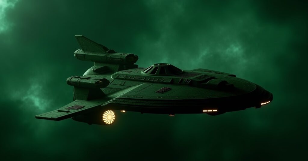 Romulan Tal Shiar Agent battleship, a dark warbird-style hostile ship, in Star Trek Fleet Command