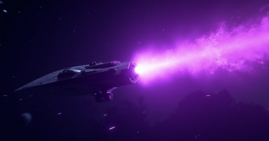 Tarka's Isolytic Weapon firing a cascading subspace burst at an enemy starship in Star Trek Fleet Command