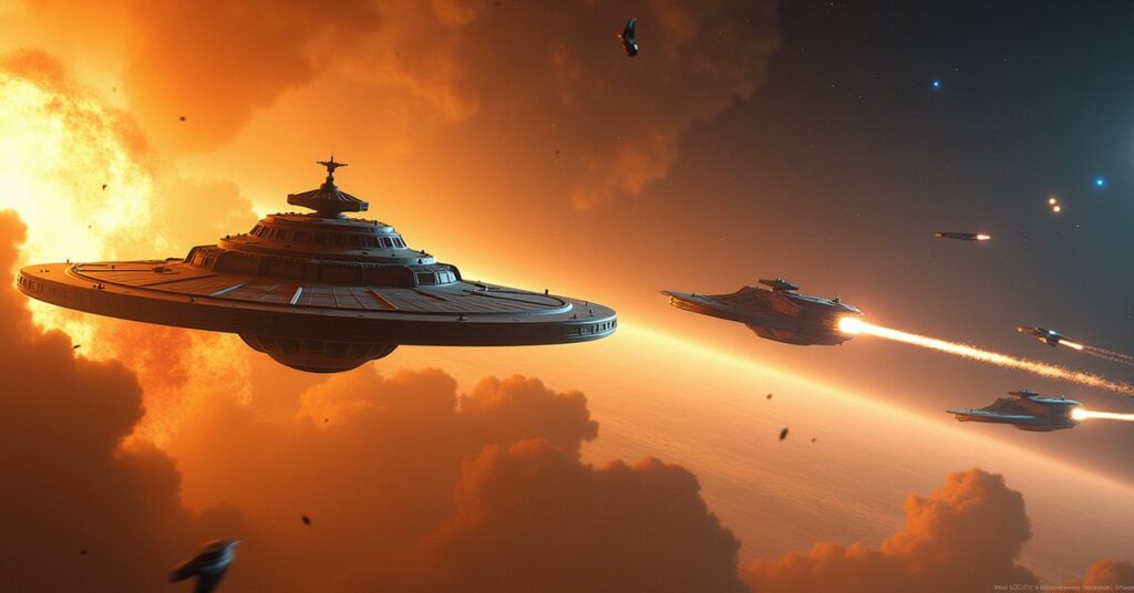 Federation ships pursuing Suliban raiders past a burning station in Star Trek Fleet Command