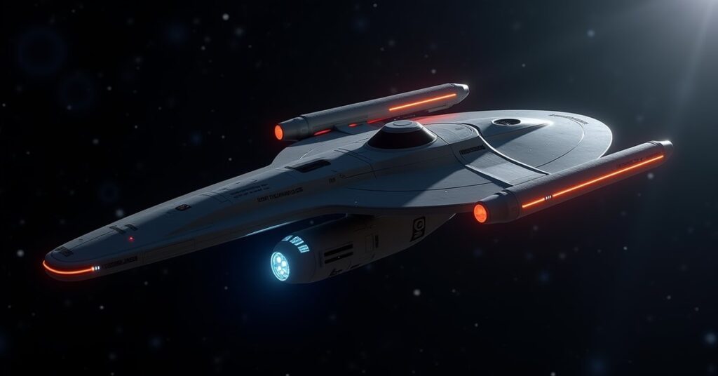 Texas-class Survey starship, a crewless automated Federation hull, drifting in deep space with weapons armed