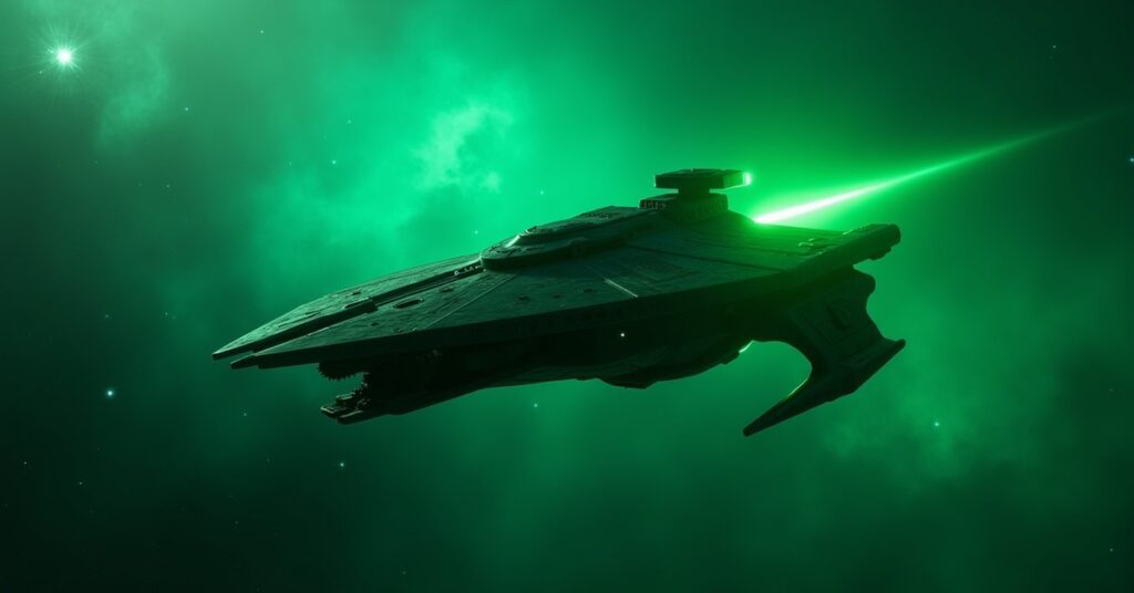 Romulan warship glowing with green thalaron radiation in deep space, Star Trek Fleet Command style key art.