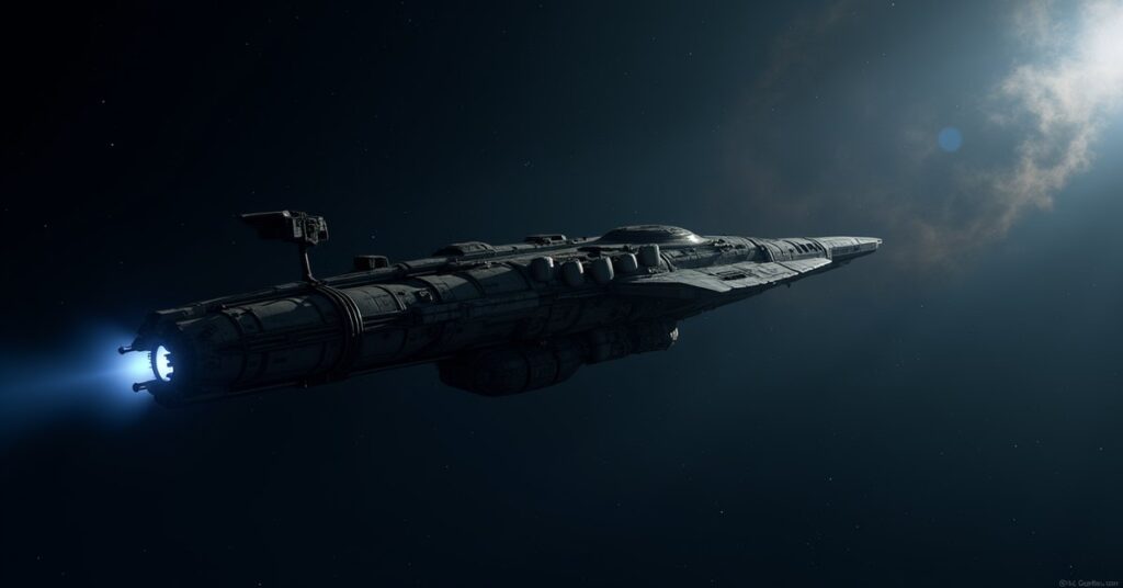 Aggregation Survey freighter The Core's Courier drifting through deep space, cinematic Star Trek Fleet Command key art