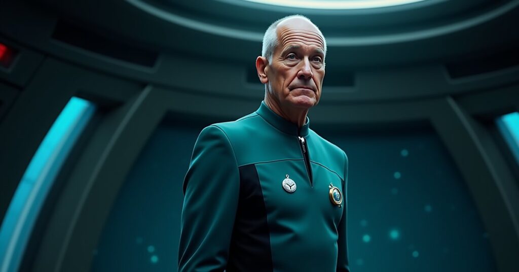 The Doctor, Voyager's Emergency Medical Hologram, in a Starfleet science uniform on a starship bridge.