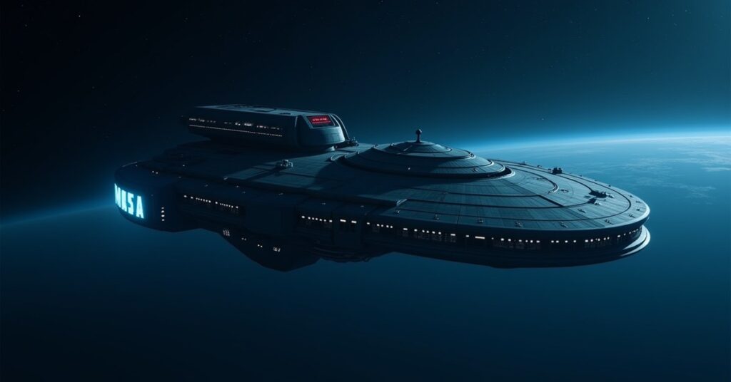 The Facade, a shadowy Section 31 station building in Star Trek Fleet Command, docked to a starbase.