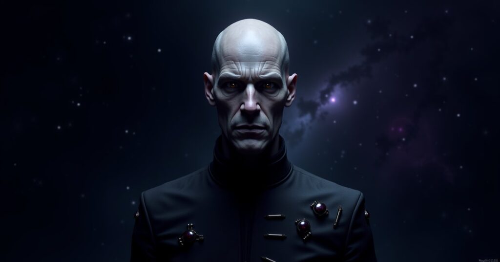 Officer portrait of The Hierarch, the bald cybernetic leader of The Node faction in Star Trek Fleet Command.