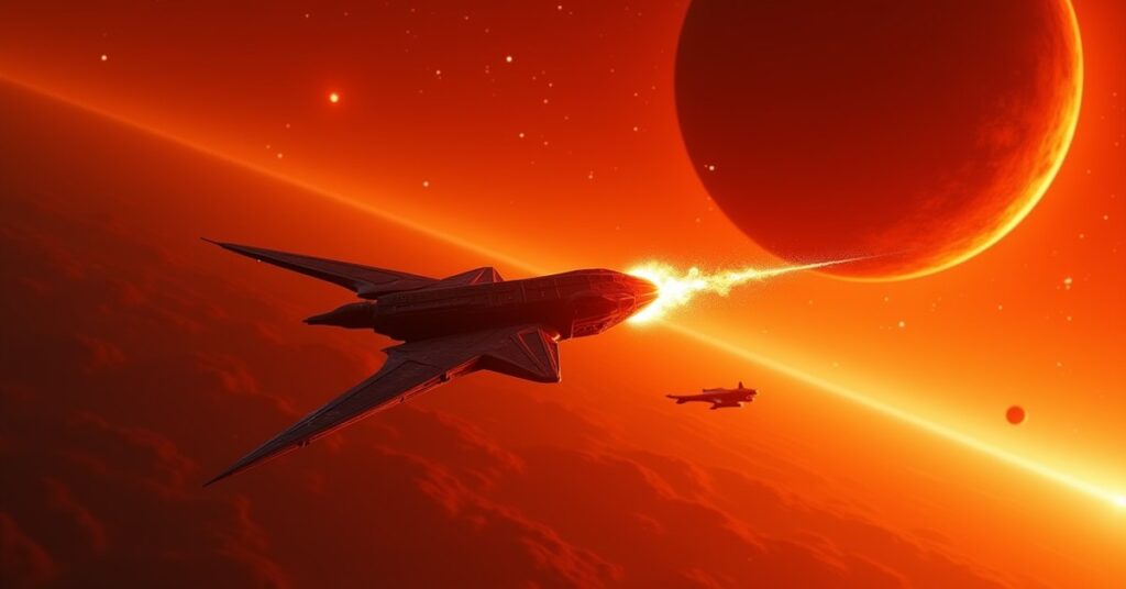 Klingon bird-of-prey closing on an outlaw ship above a rocky planet in the Khitomer system