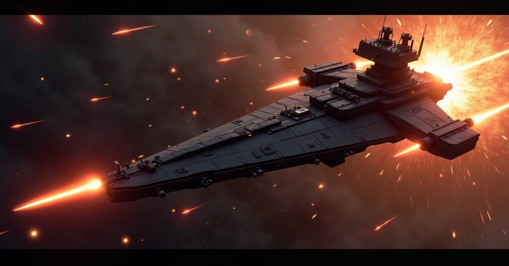 The Vindicator battleship absorbing enemy armada fire in deep space with shields flaring, in Star Trek Fleet Command