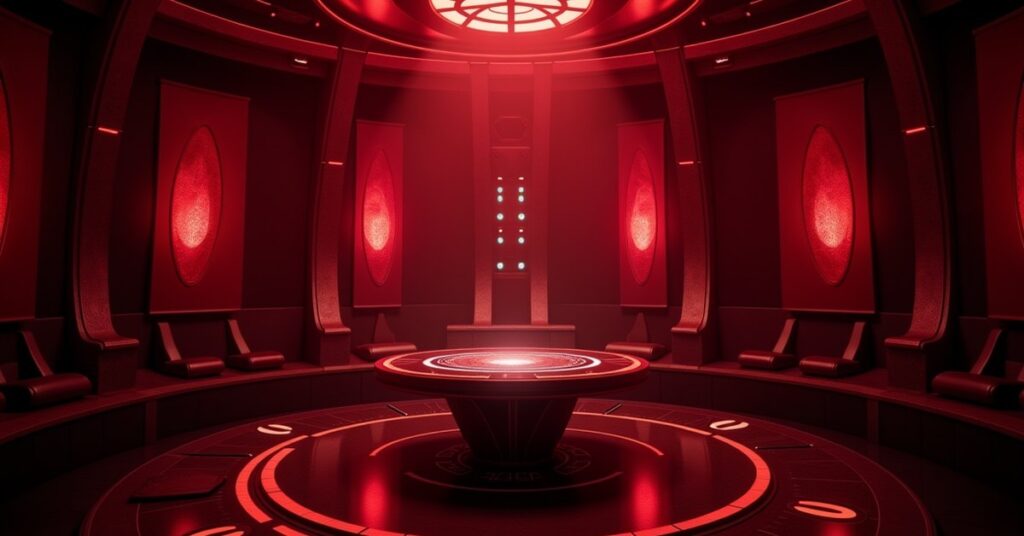 Klingon Order of Ko'tal War Room building on a Star Trek Fleet Command starbase, key-art style