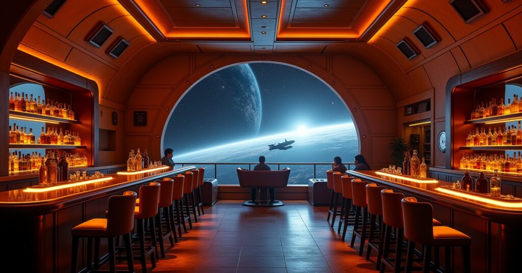 Cozy Star Trek Fleet Command bar building on a starbase, warm interior light, sci-fi lounge with bottles and seating