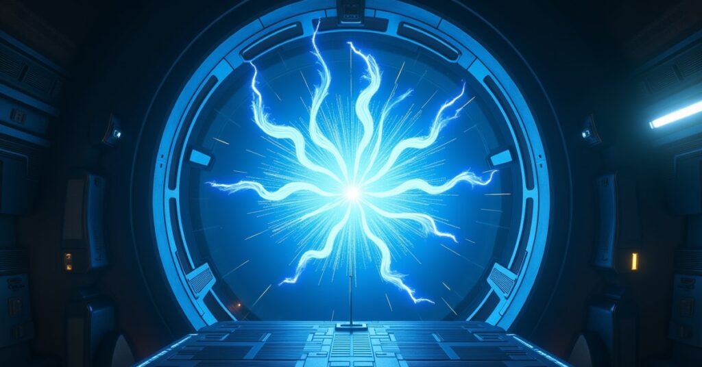 A glowing blue-white time crystal aboard a Klingon warship in deep space, cinematic game key art