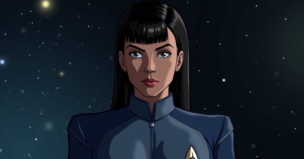 T'Pol of Enterprise NX-01 in Star Trek Fleet Command promotional card art.