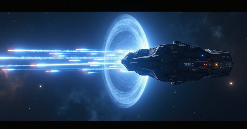 Transphasic torpedoes streaking toward a Borg-style armada in deep space, Star Trek Fleet Command art style.