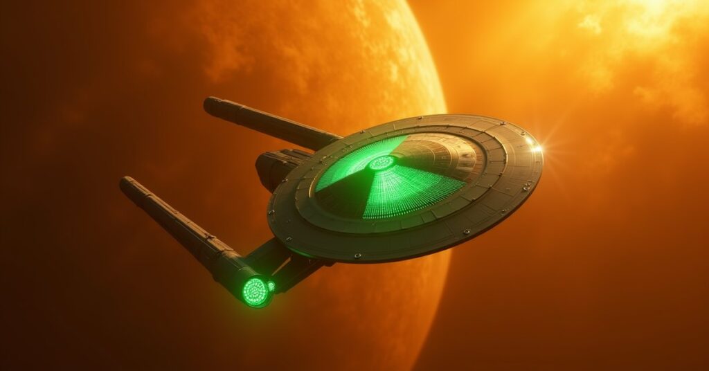 Unimatrix Shielding Chaos Tech artifact glowing on a Starfleet shuttle hull in Star Trek Fleet Command