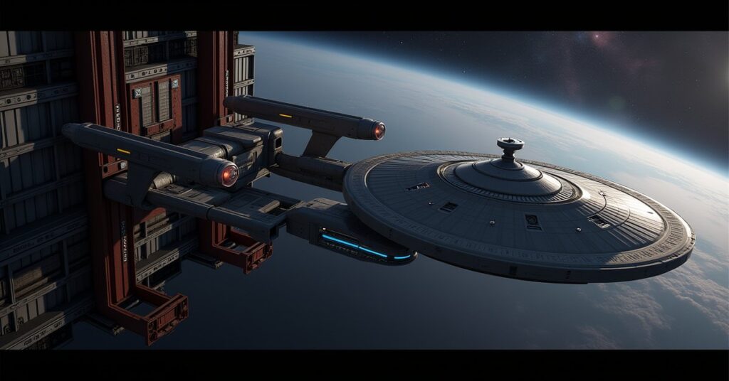USS Beatty Federation Ship in Star Trek Fleet Command: the ship banking through a nebula, running lights lit.