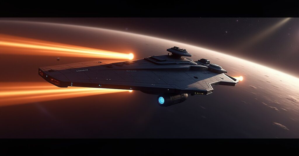 USS Crozier Battleship in Star Trek Fleet Command: the ship banking through a nebula, running lights lit.