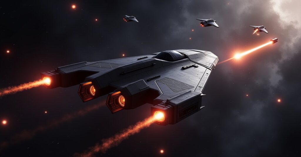 The U.S.S. Dauntless, an Epic Starfleet Interceptor, firing on hostiles in deep space