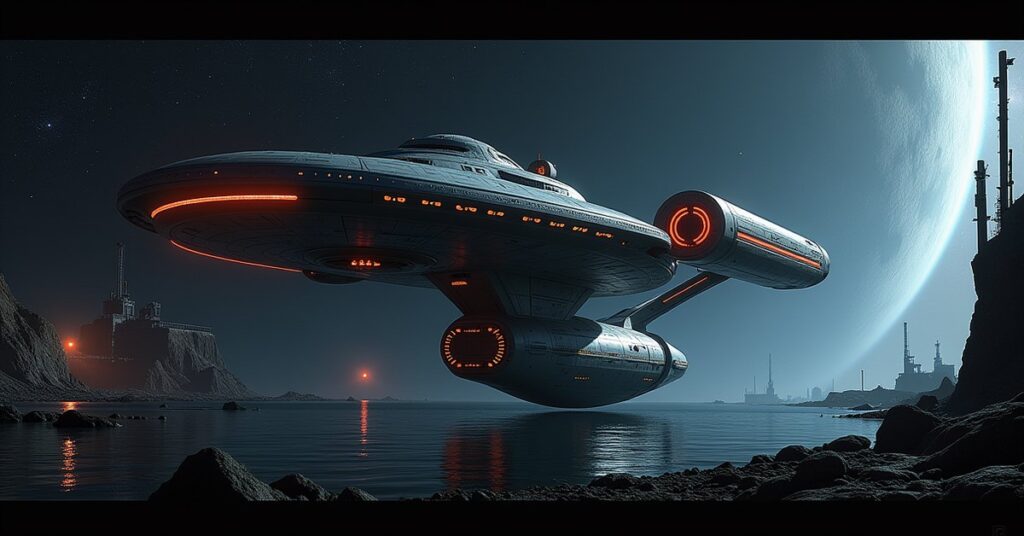 USS Enterprise-D Explorer Ship in Star Trek Fleet Command: the ship banking through a nebula, running lights lit.