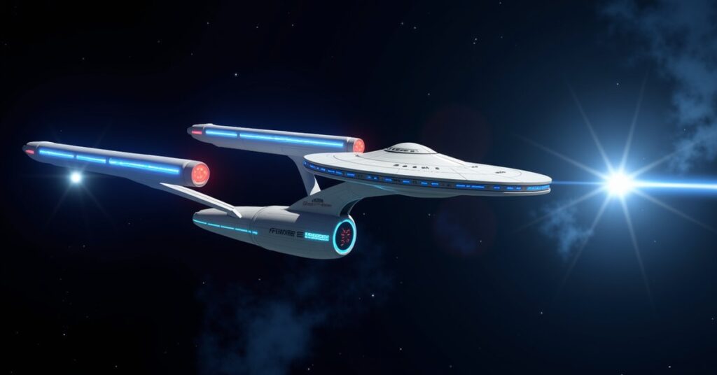 The Sovereign-class U.S.S. Enterprise-E firing a phaser beam, blue warp nacelles glowing against deep space.