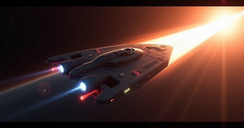 USS Northcutt Interceptor Ship in Star Trek Fleet Command: the ship banking through a nebula, running lights lit.