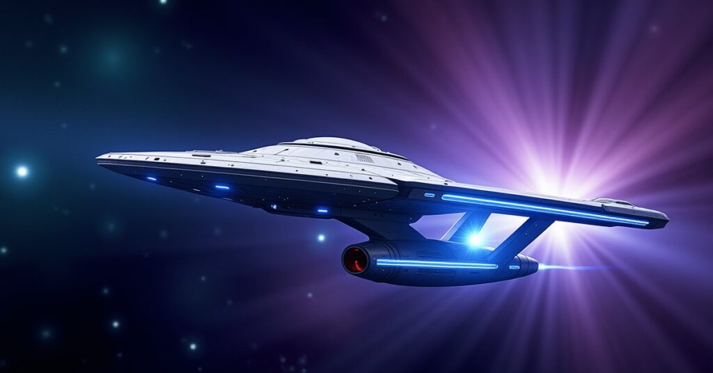 The U.S.S. Relativity, an Epic Explorer starship, firing weapons in a temporal nebula in Star Trek Fleet Command