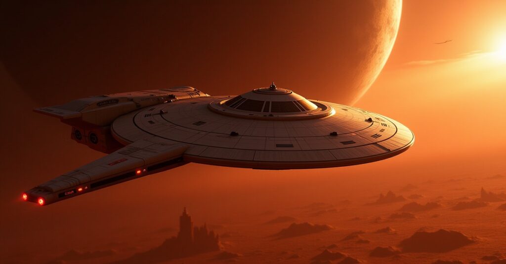 The U.S.S. Reliant, a Miranda-class starship, near a barren desert planet in space.