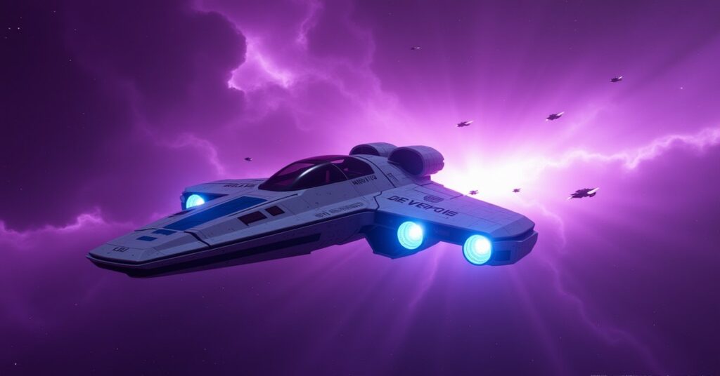 U.S.S. Socrates Federation Interceptor decloaking and firing inside the violet Veil nebula