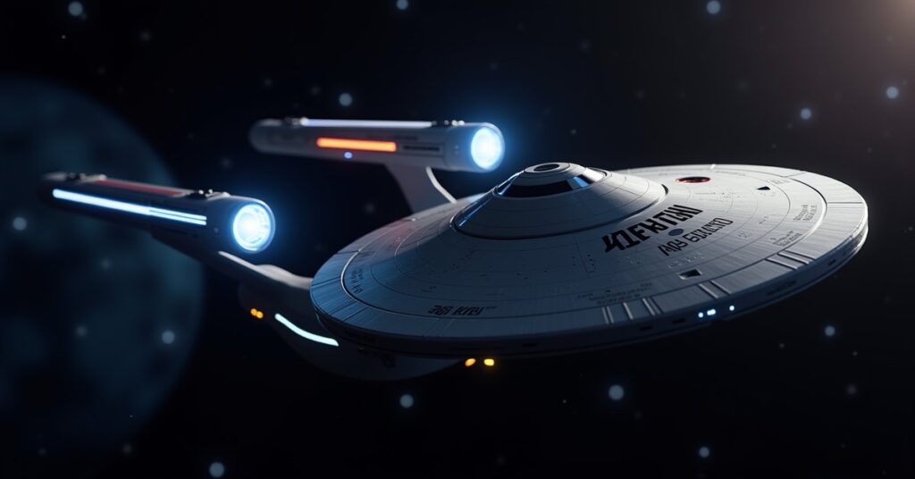 Federation Luna-class battleship U.S.S. Titan firing phasers and torpedoes in deep space, game key-art style
