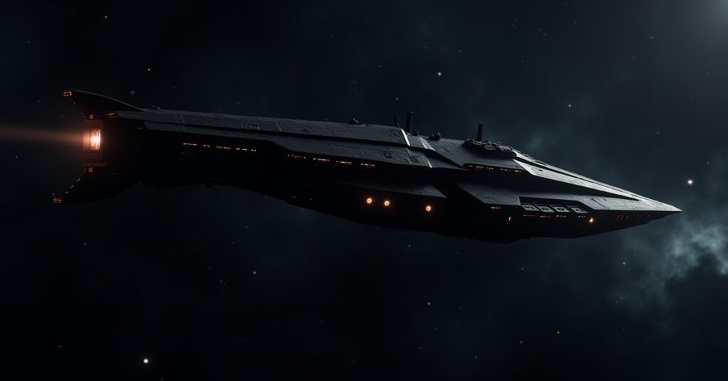 The U.S.S. Vengeance, a dark Section 31 Dreadnought-class interceptor, firing in deep space