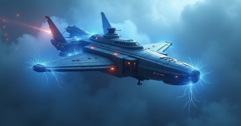 A V'ger Fighter explorer-class hostile ship from Star Trek Fleet Command, glowing with Isolytic energy in deep space.