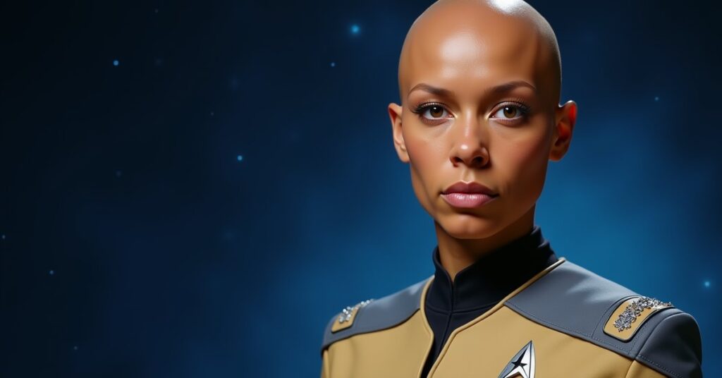 V'ger Ilia, the Deltan Ilia Probe officer from Star Trek Fleet Command, in Starfleet portrait art.