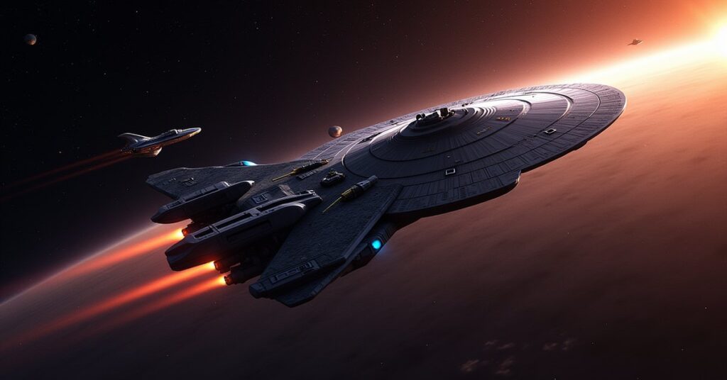 Vor’Cha Battleship in Star Trek Fleet Command: the ship banking through a nebula, running lights lit.