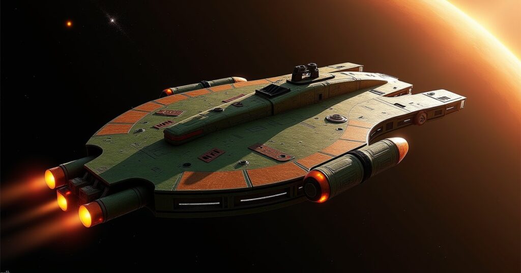 Vulcan Renegade Explorer-class ship firing energy weapons in deep space, Star Trek Fleet Command key art.