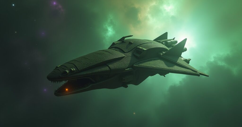 A menacing Xindi-Reptilian Survey-class warship prowling the green nebula clouds of the Delphic Expanse