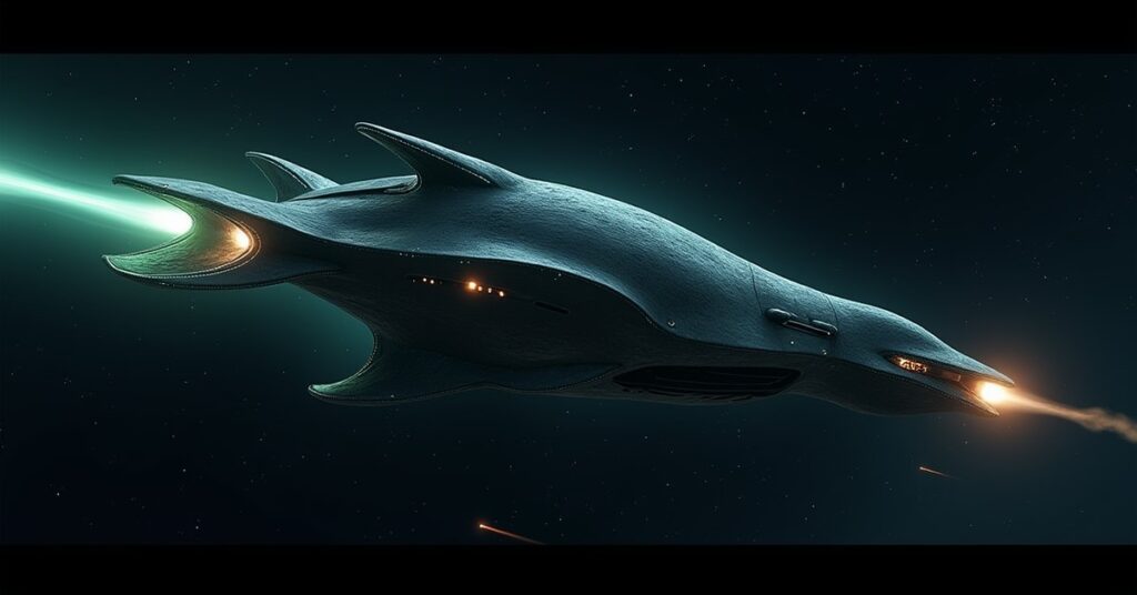 Xindi-Aquatic Enhanced Cruiser battleship firing energy and kinetic weapons in deep space, Star Trek Fleet Command hostile