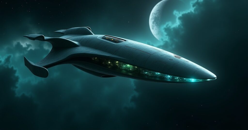 Xindi-Aquatic Scout starship with a smooth organic hull glowing blue-green as it patrols deep space near a Xindi system.