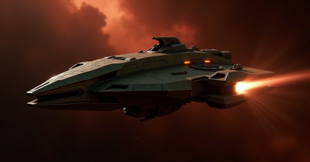 Xindi-Reptilian Scout warship banking through deep space in Star Trek Fleet Command key-art style.