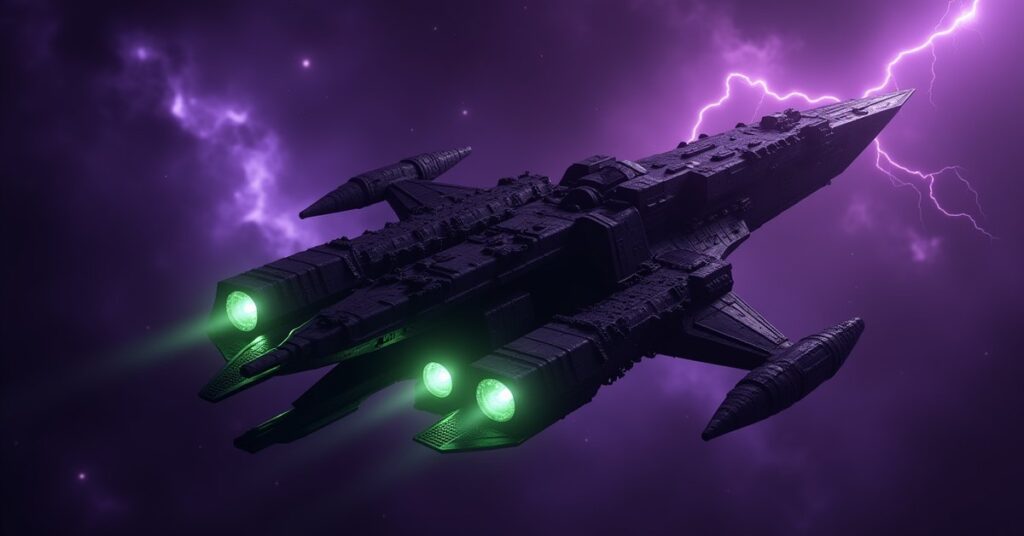 A Xindi-Reptilian warship with an angular armored hull cruising through the dark nebulae of the Delphic Expanse.