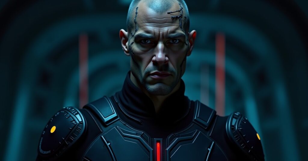 Zeph, the Section 31 cyborg officer from Star Trek Fleet Command, in cybernetic mech armor
