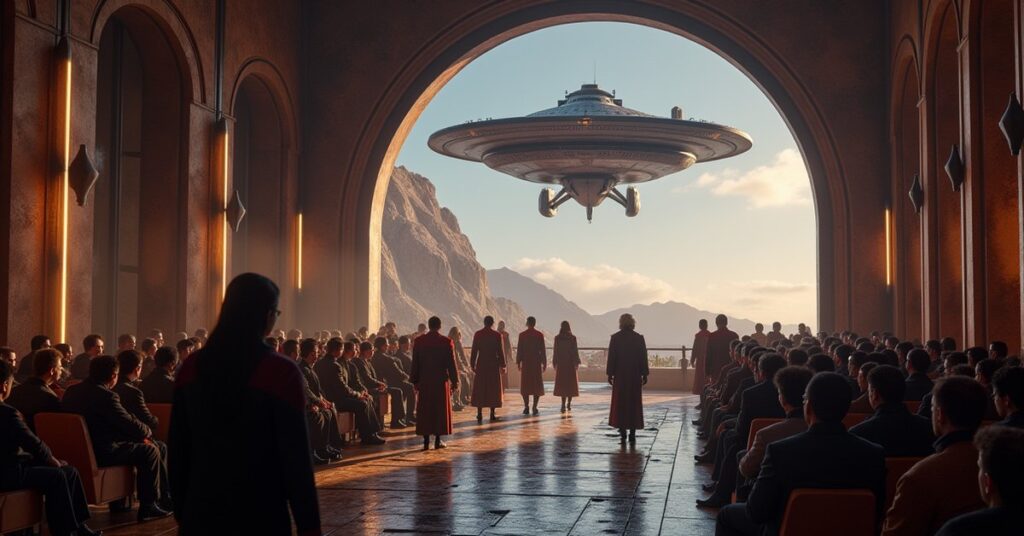 A Bajoran delegation arrives at a summit hall on a frontier world with an escort ship above