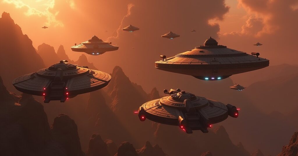 Klingon hunter ships confronting a Romulan rebel starship over a colony in Star Trek Fleet Command