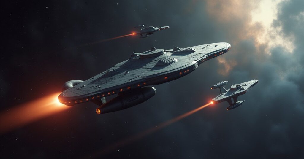 The USS Mayflower on an engine test flight attacked by a Klingon ship in Star Trek Fleet Command